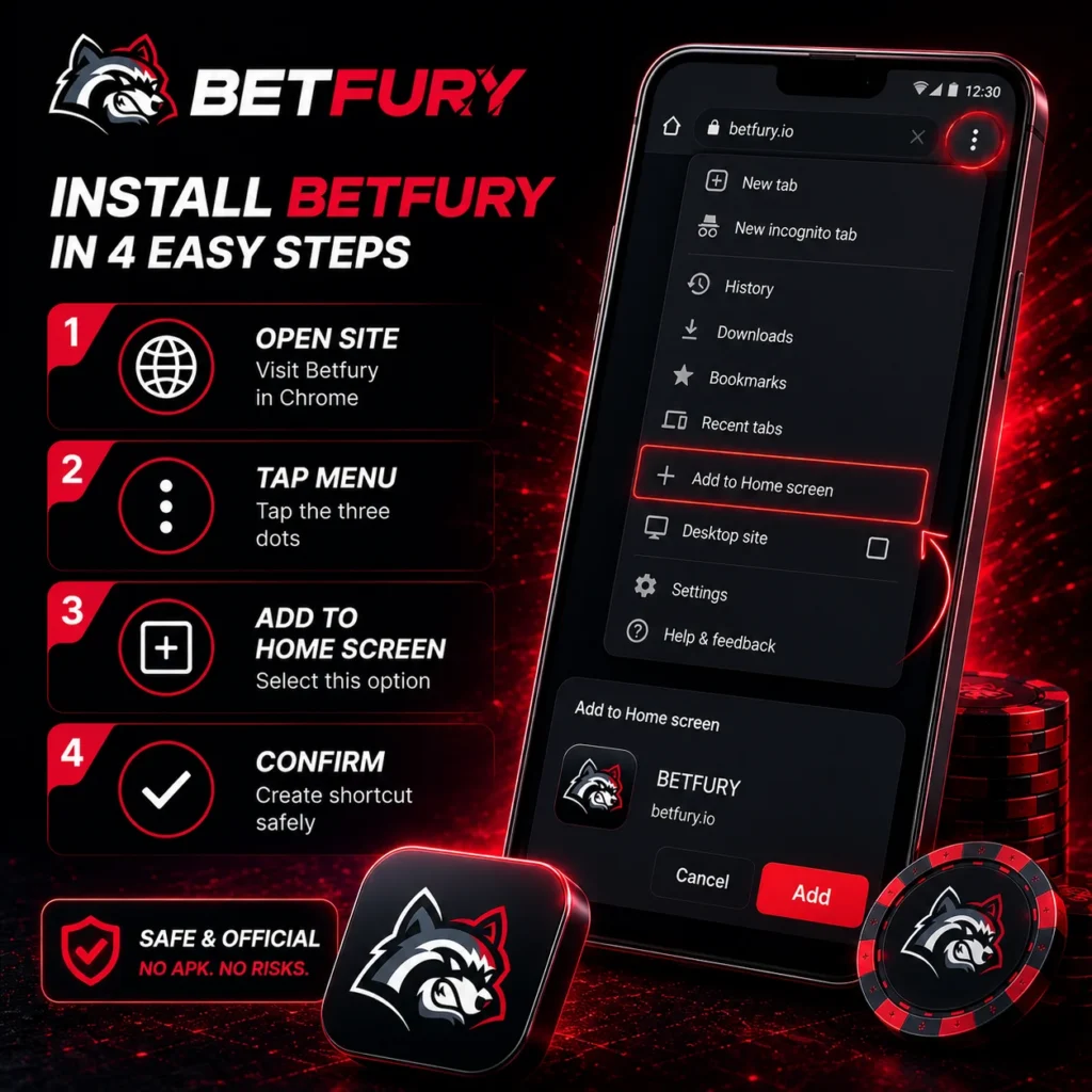 BETFURY Android app setup with Chrome and home screen install steps