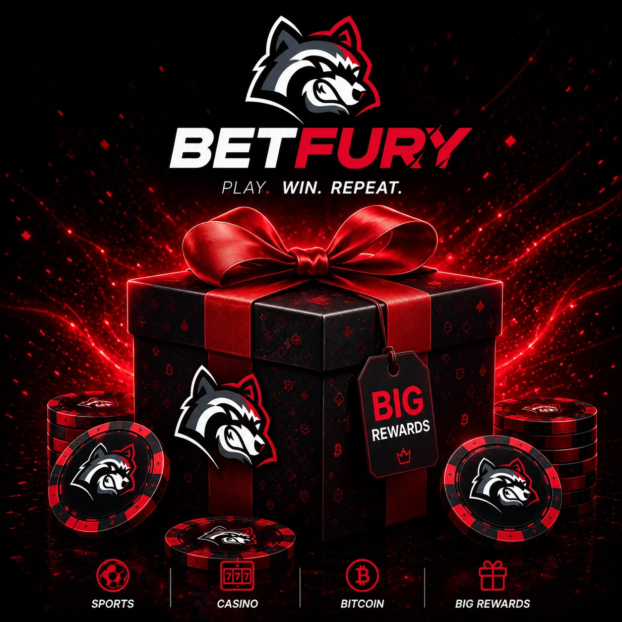 BETFURY gift box with casino chips in red neon style