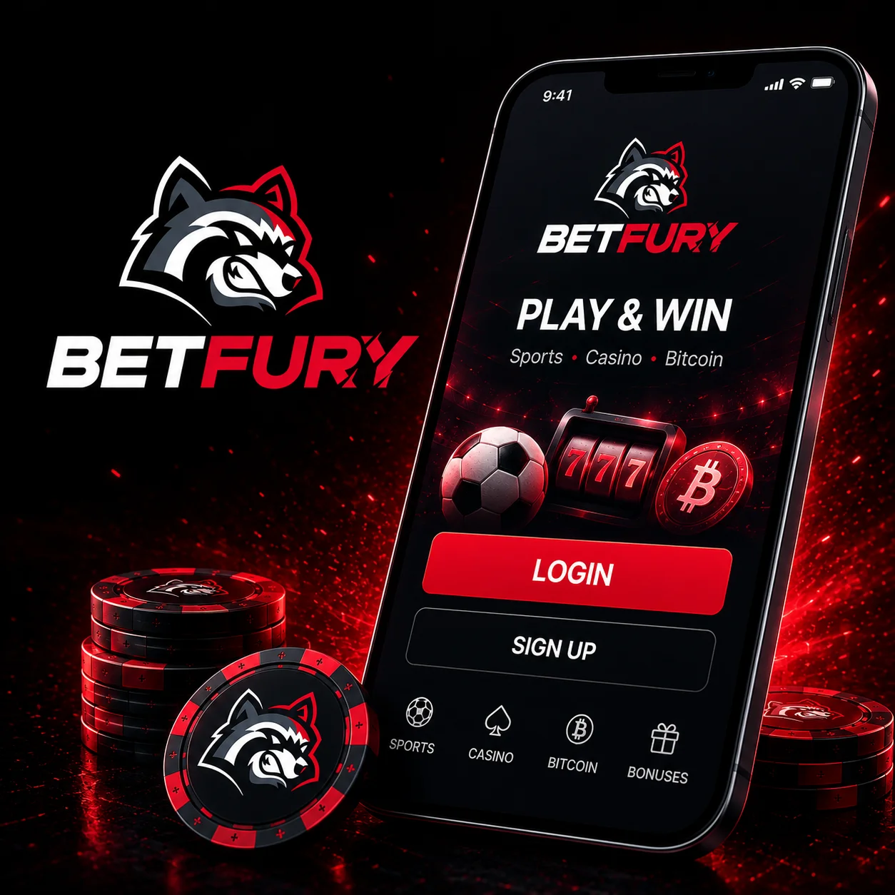 BETFURY phone screen with login button and casino chips in neon style