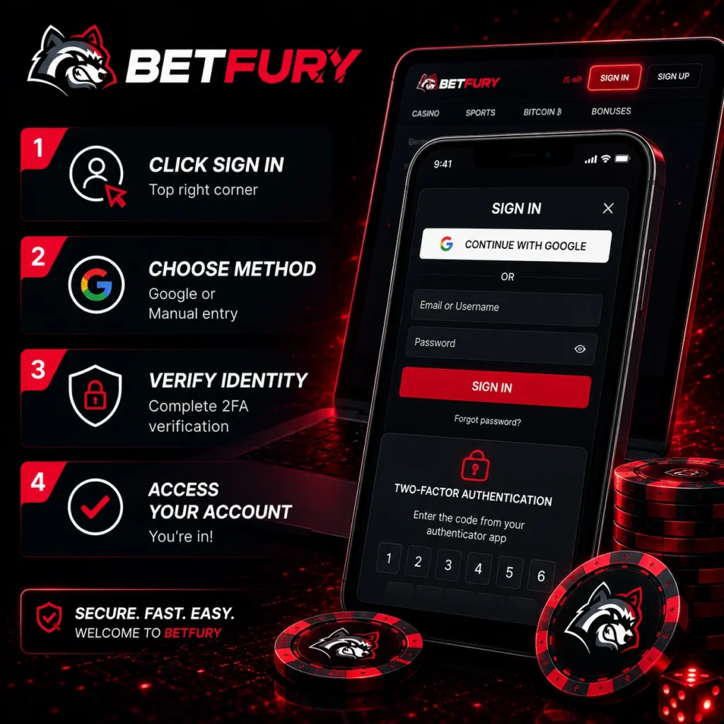 BETFURY login guide with sign in, Google access and 2FA security steps