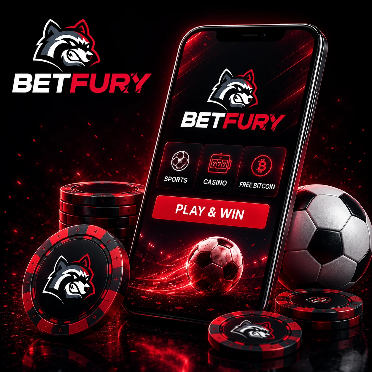 BETFURY phone with football ball and casino chips in red neon style
